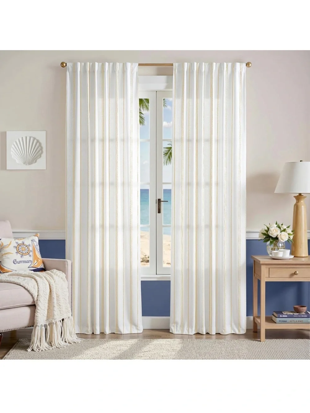 Yellow Striped Curtains 90”Length Window Treatment Modern Linen Look 1857/c-1